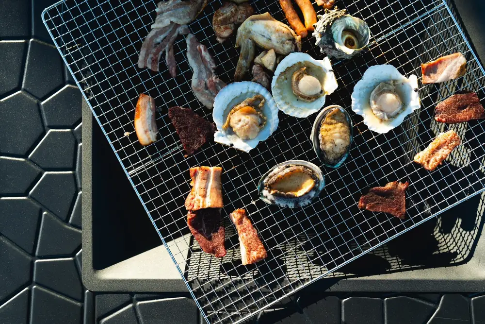 炭火の網に並んだ浜焼きの具材。ホタテ、アワビ、サザエ、イカ、豚バラ、牛肉。